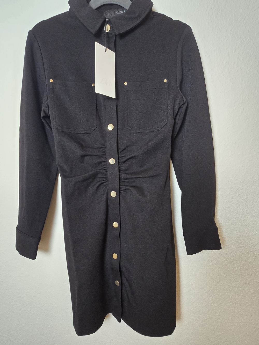 Zara Black Ruched Snap-Front Jean Jacket with Gold Buttons